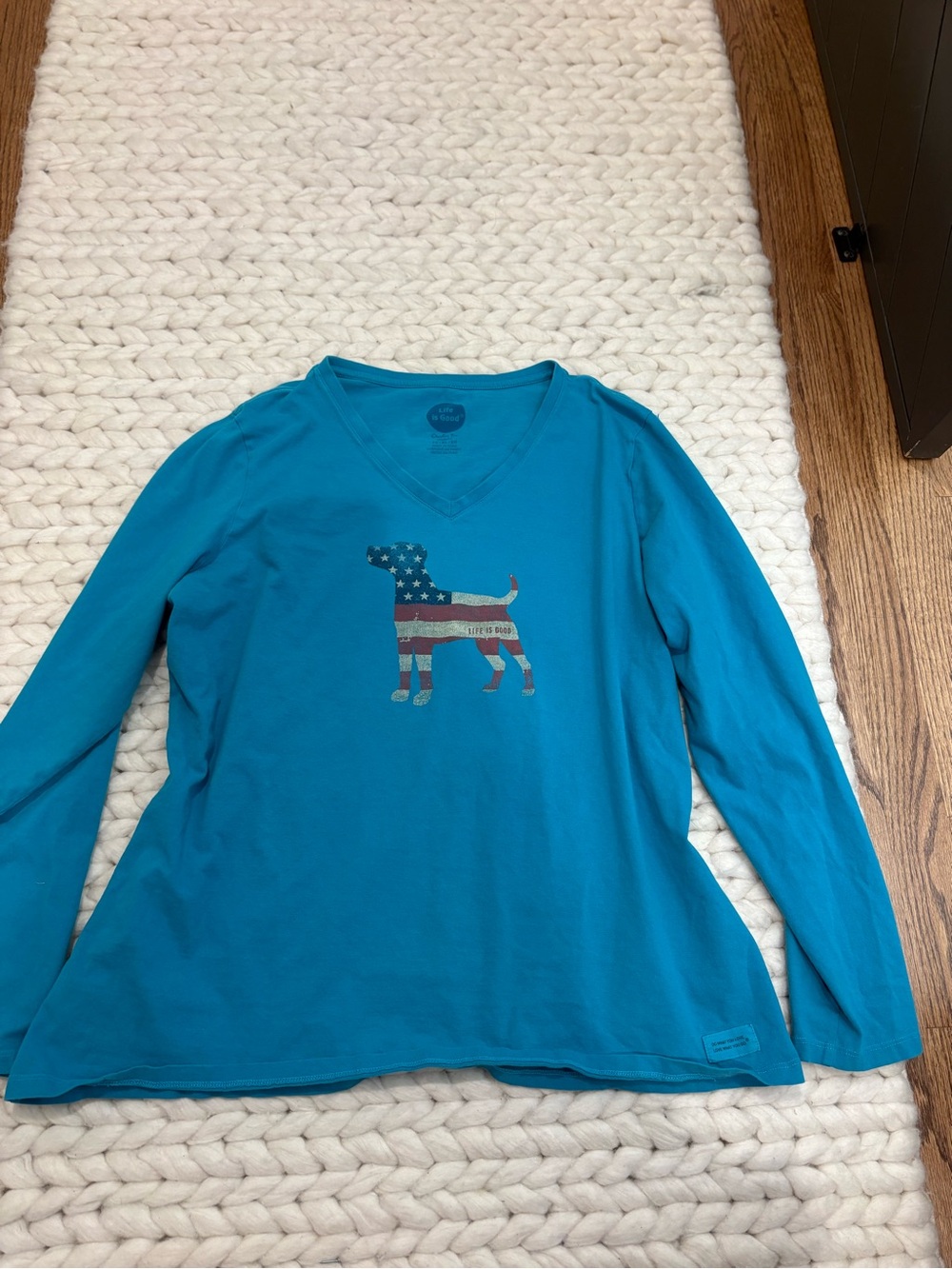 Long-Sleeve Teal life is good V-Neck Top with Patriotic Pup Graphic